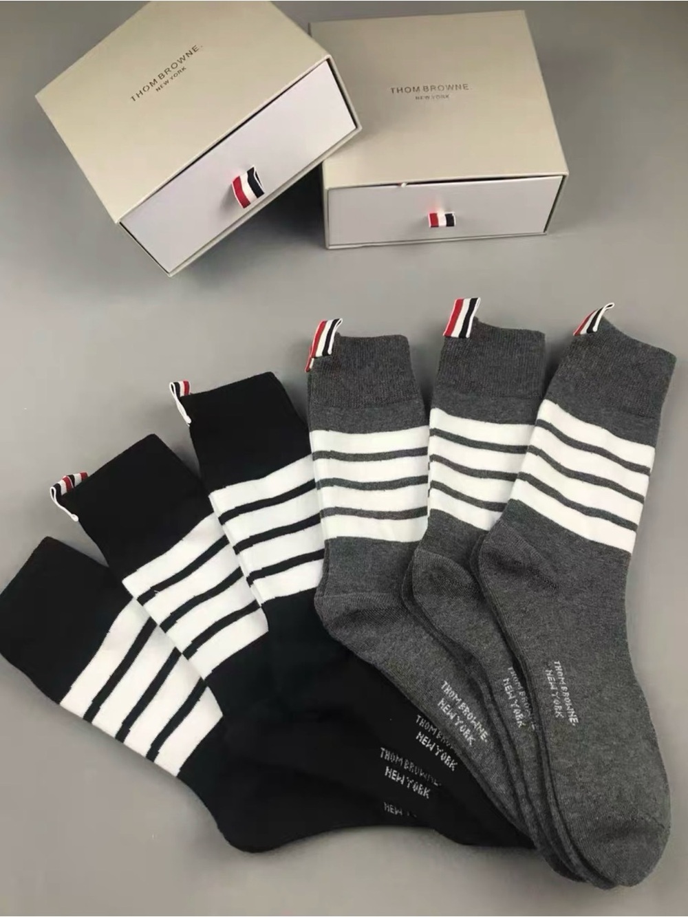 Thom Browne socks. New with original box. Total of 6 pairs